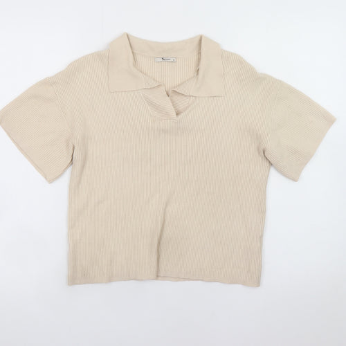 Tu Women Beige Collared Knit Polo Top Size 12 Short Sleeve