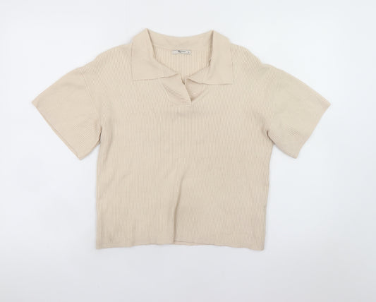 Tu Women Beige Collared Knit Polo Top Size 12 Short Sleeve