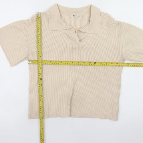 Tu Women Beige Collared Knit Polo Top Size 12 Short Sleeve