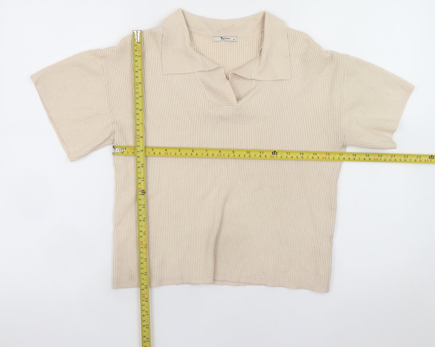 Tu Women Beige Collared Knit Polo Top Size 12 Short Sleeve