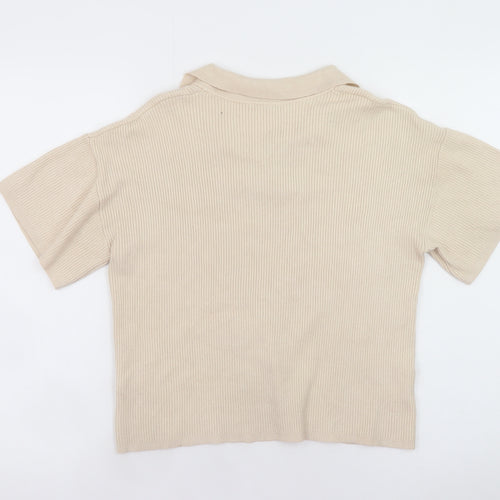 Tu Women Beige Collared Knit Polo Top Size 12 Short Sleeve
