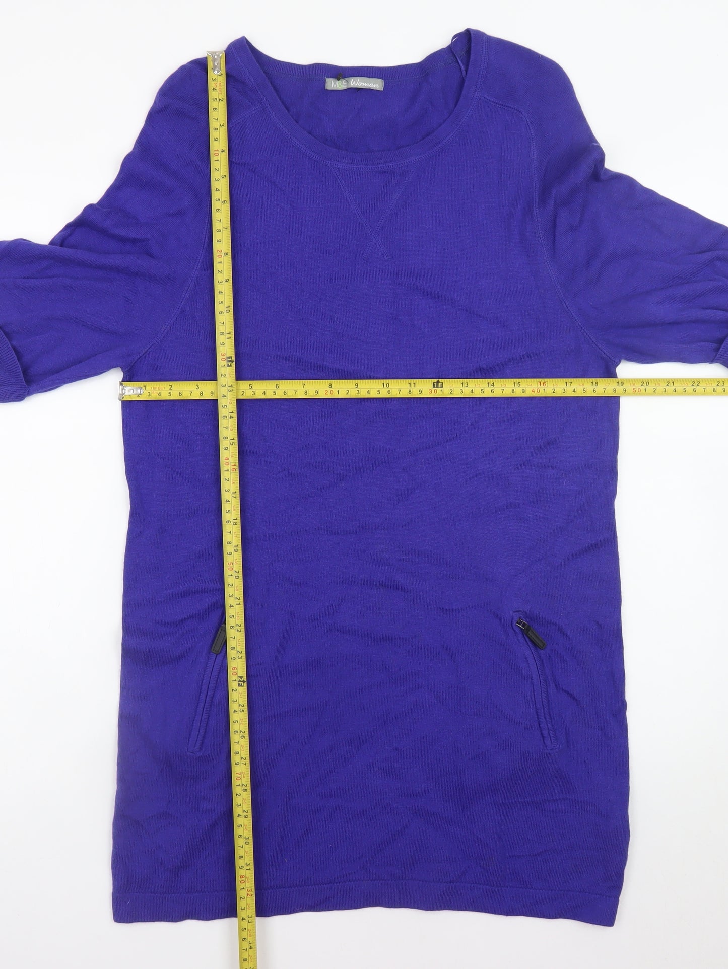 Marks and Spencer Women Blue Size 14 Knit T-Shirt Dress with Zip Pockets