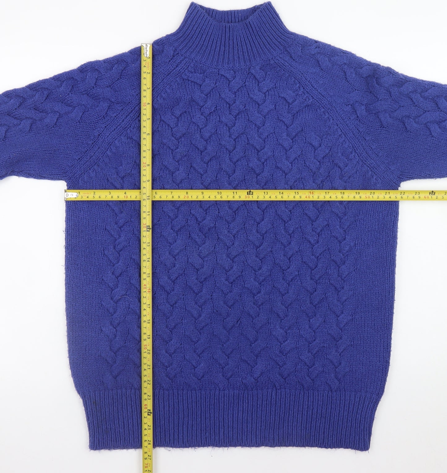 Marks and Spencer Women’s Blue Mock Neck Cable-Knit Jumper Size L