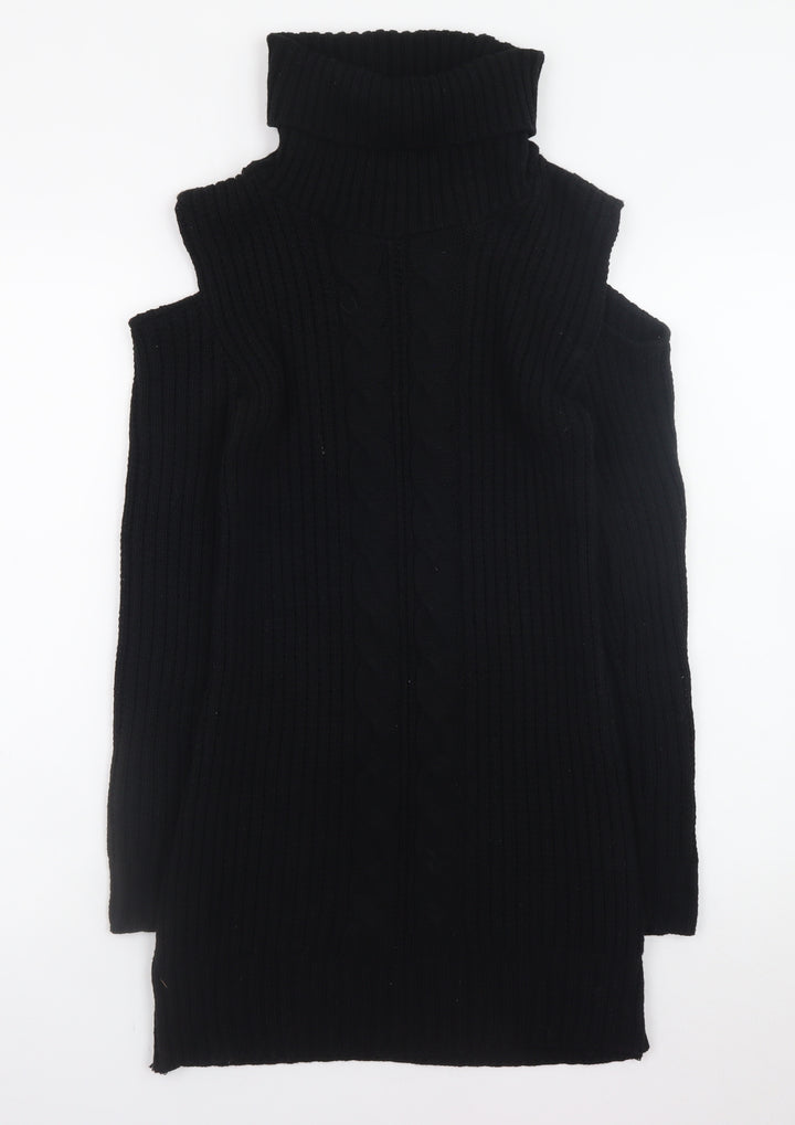 Boohoo Women’s Black Cold Shoulder Roll Neck Knit Jumper Dress Size S