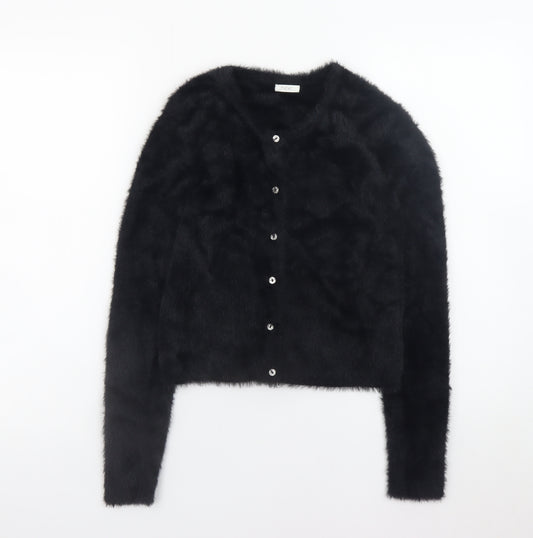 Next Girls Black Faux Fur Button Cardigan 12 Years Nylon Long Sleeve