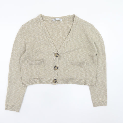 Zara Women Beige Knit V-Neck Button Cardigan Size S