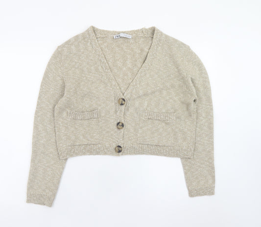 Zara Women Beige Knit V-Neck Button Cardigan Size S