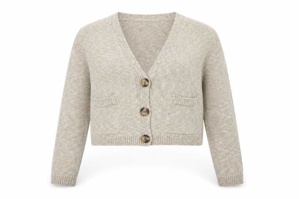 Front view of Zara Women Beige Knit V-Neck Button Cardigan, size S