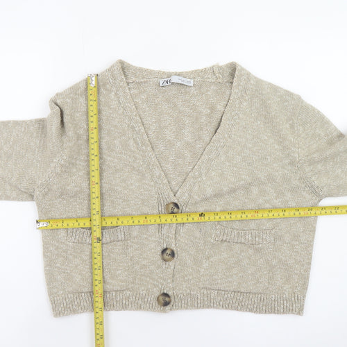 Zara Women Beige Knit V-Neck Button Cardigan Size S
