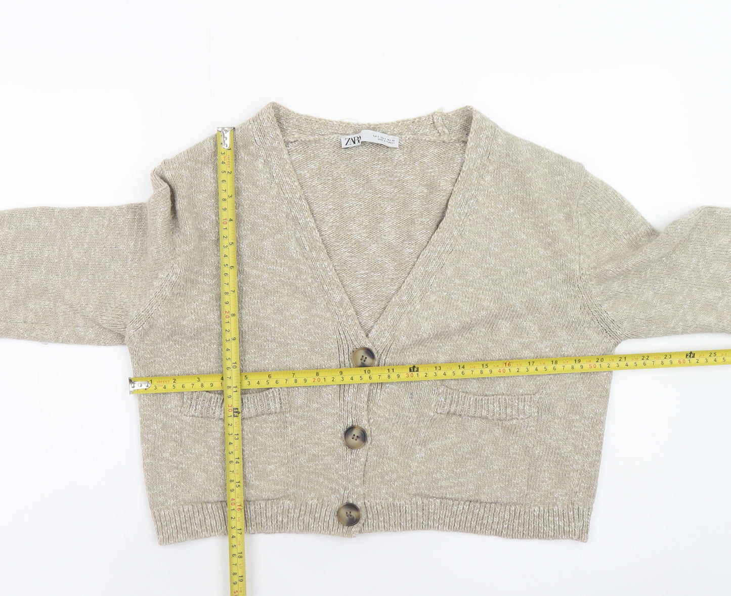 Zara Women Beige Knit V-Neck Button Cardigan Size S