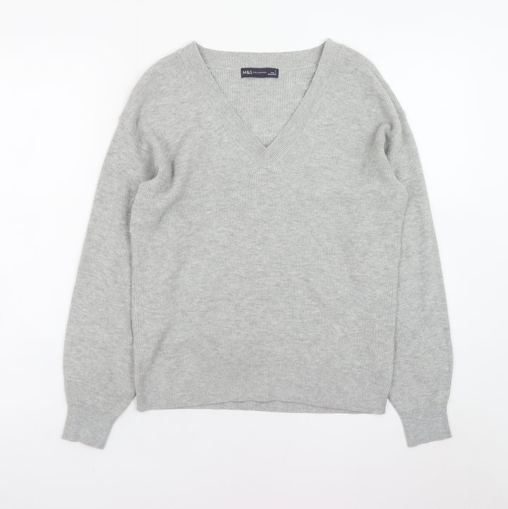 Marks and Spencer Women's Grey V-Neck Knit Jumper Size S
