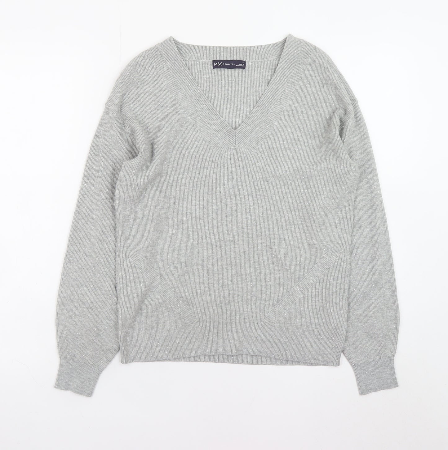 Marks and Spencer Women's Grey V-Neck Knit Jumper Size S