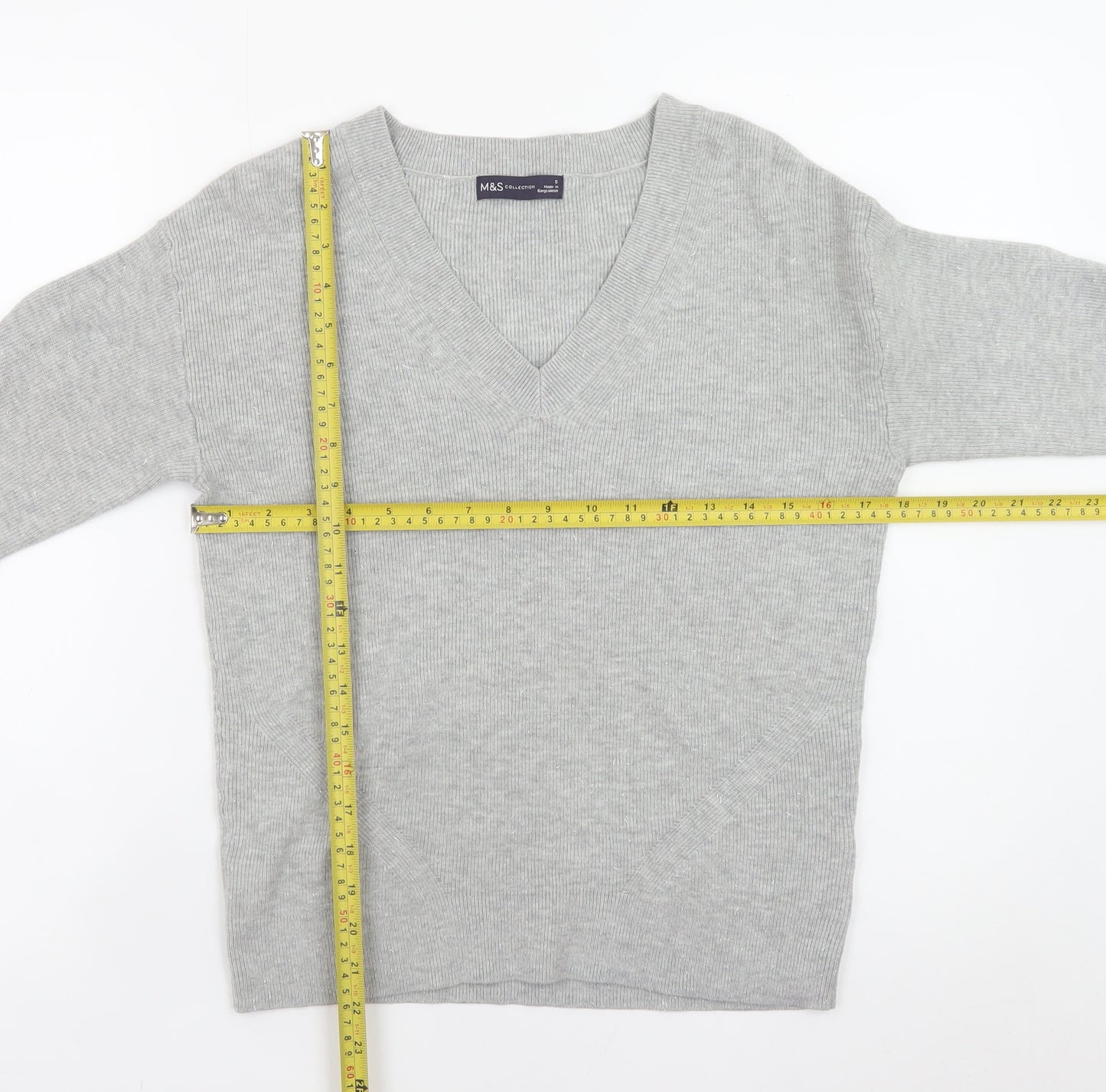 Marks and Spencer Women's Grey V-Neck Knit Jumper Size S