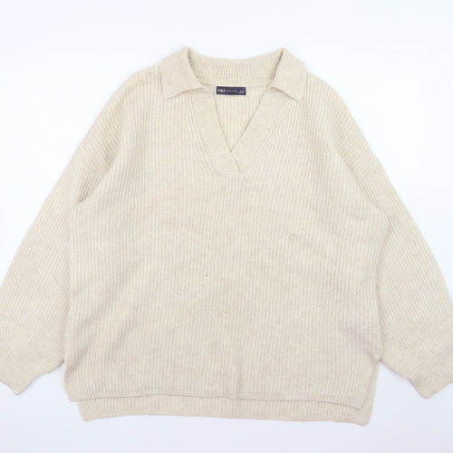 Marks and Spencer Womens Beige Collared Pullover Jumper L Relaxed Fit Knit