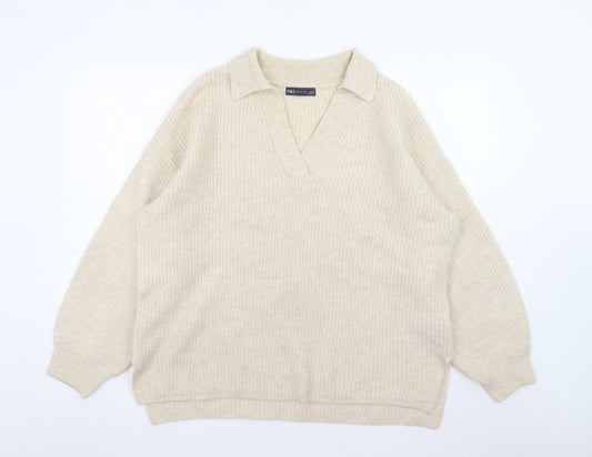 Marks and Spencer Womens Beige Collared Pullover Jumper L Relaxed Fit Knit