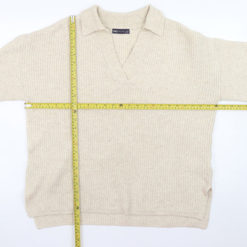 Marks and Spencer Womens Beige Collared Pullover Jumper L Relaxed Fit Knit