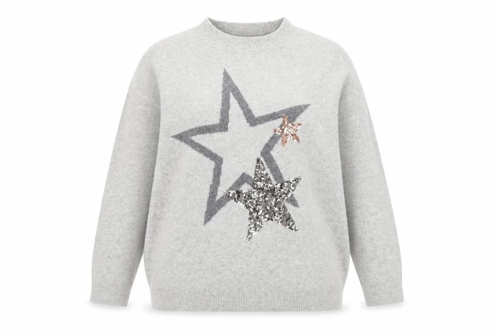 Front view of Marks & Spencer women’s grey sequin star jumper, size L