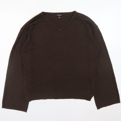 Boohoo Women's Brown V-Neck Long Sleeve Pullover Jumper Size S