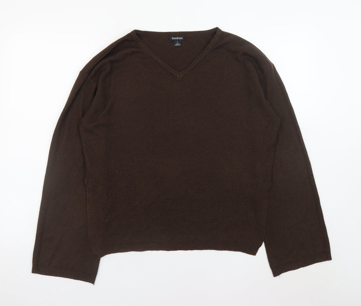 Boohoo Women's Brown V-Neck Long Sleeve Pullover Jumper Size S