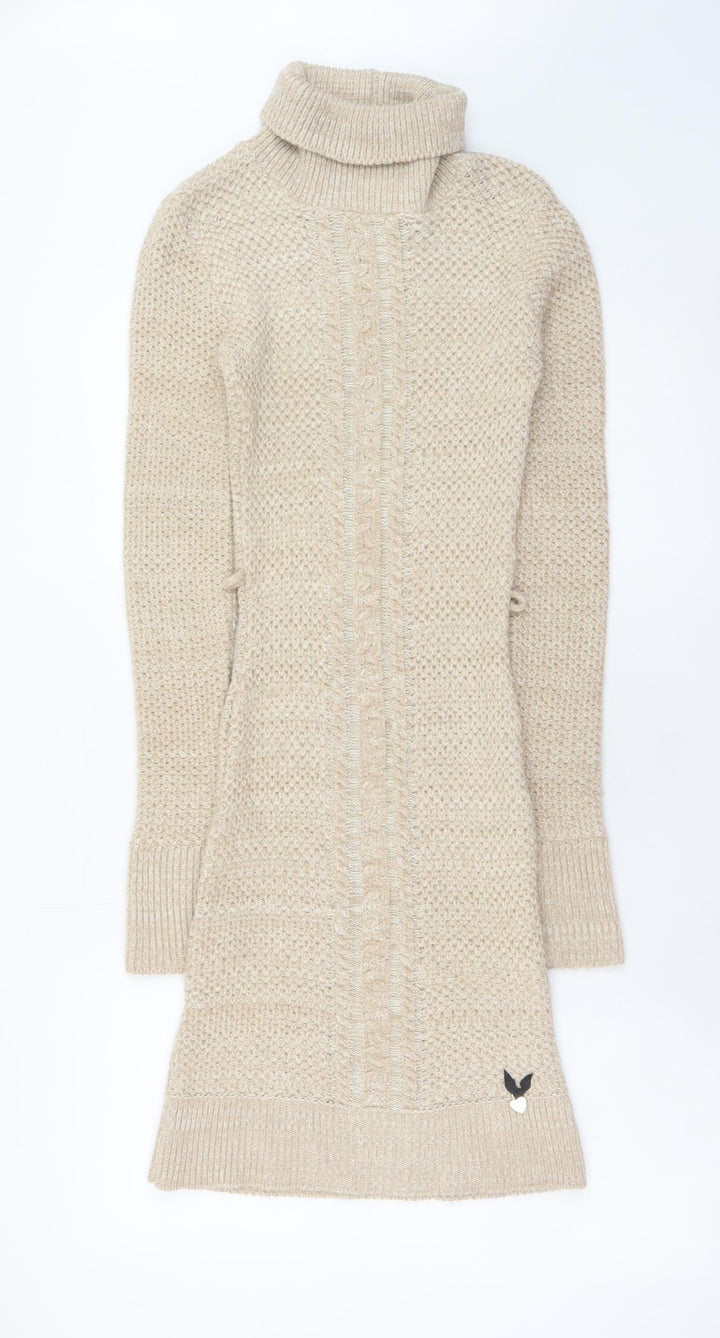 Lipsy Women Beige Knit Roll Neck Jumper Dress Size 6