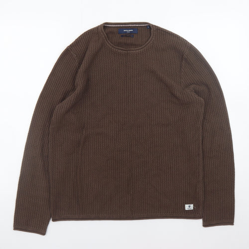 Jack & Jones Men's Brown Waffle-Knit Crew Neck Jumper Size L