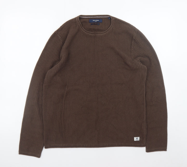 Jack & Jones Men's Brown Waffle-Knit Crew Neck Jumper Size L