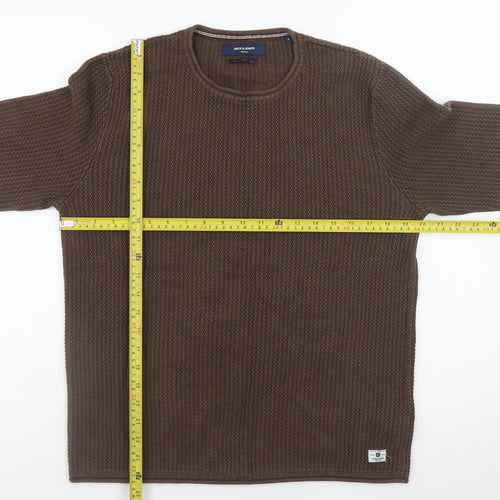 Jack & Jones Men's Brown Waffle-Knit Crew Neck Jumper Size L