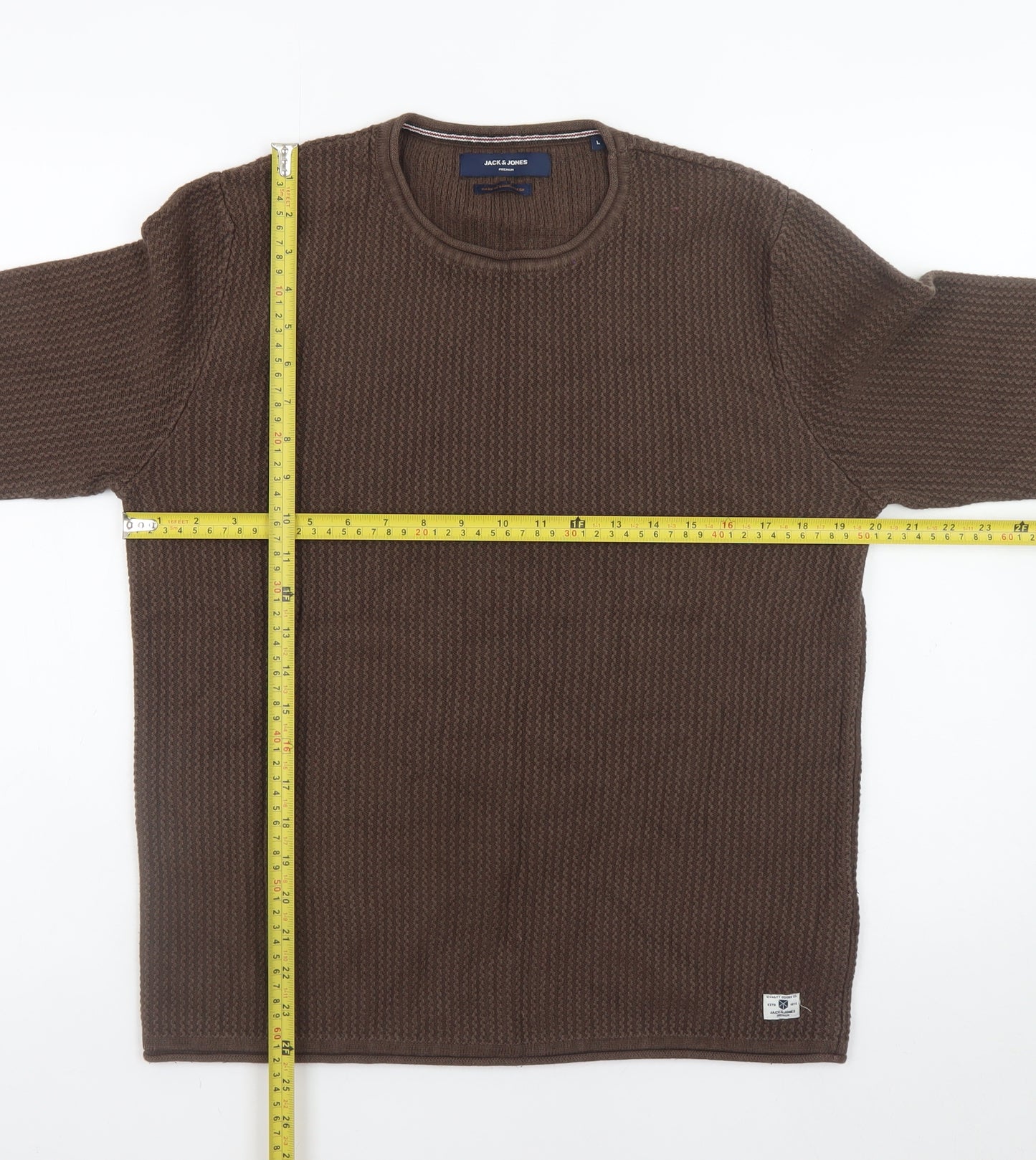 Jack & Jones Men's Brown Waffle-Knit Crew Neck Jumper Size L