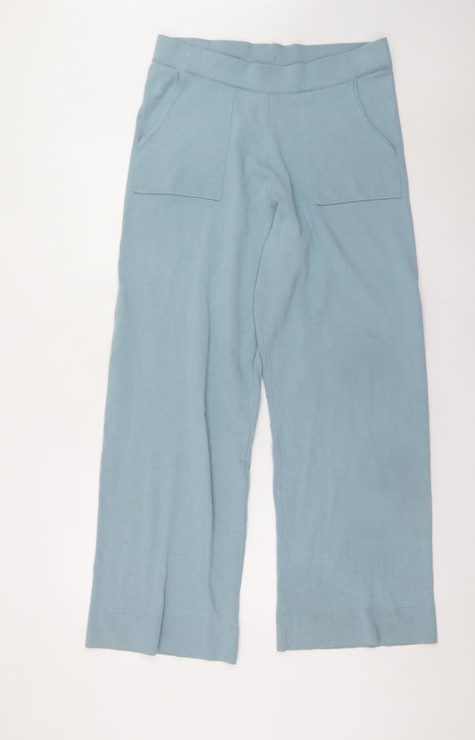 Marla Wynne Women Blue L Wide-Leg Knit Trousers Cotton Blend
