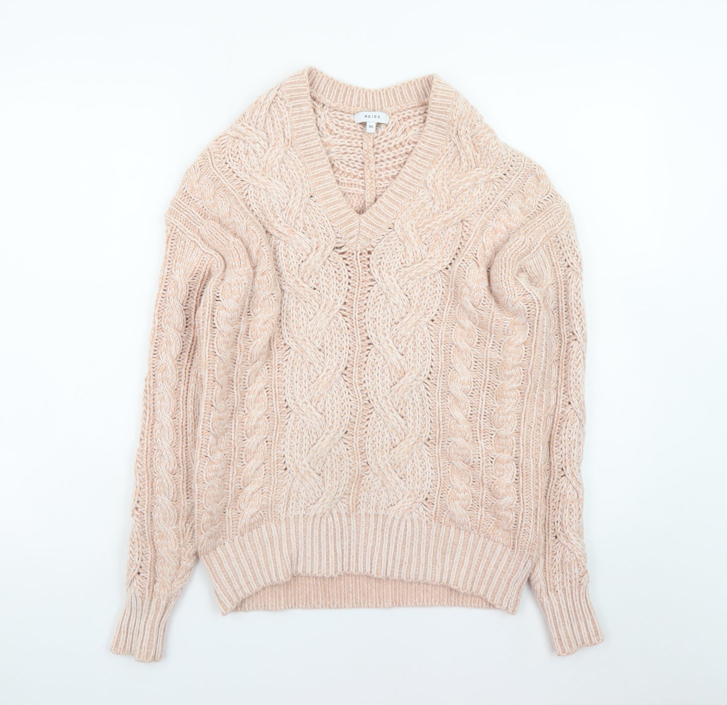 Reiss Women’s Beige Cable-Knit V-Neck Wool Blend Jumper XS