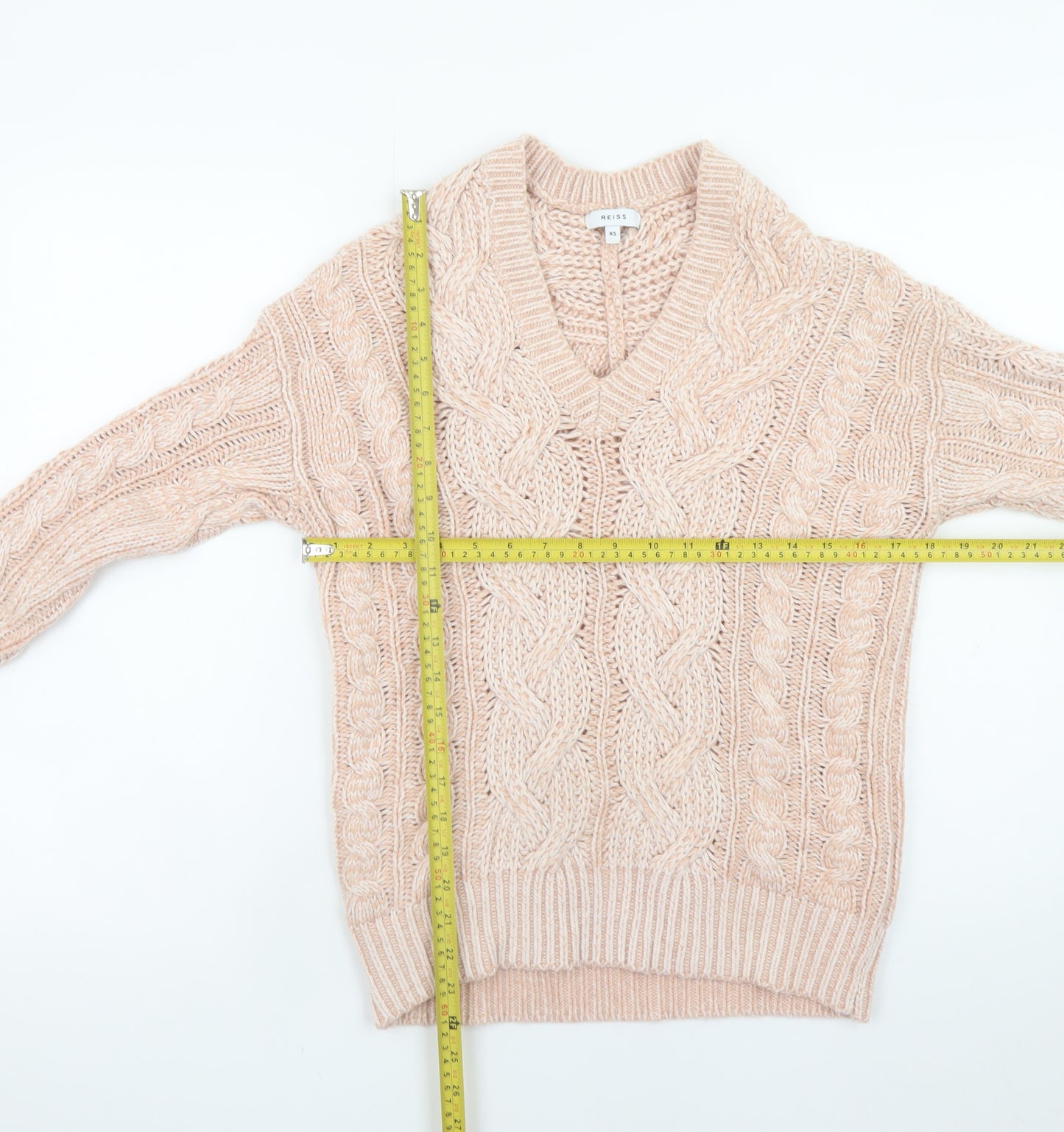 Reiss Women’s Beige Cable-Knit V-Neck Wool Blend Jumper XS
