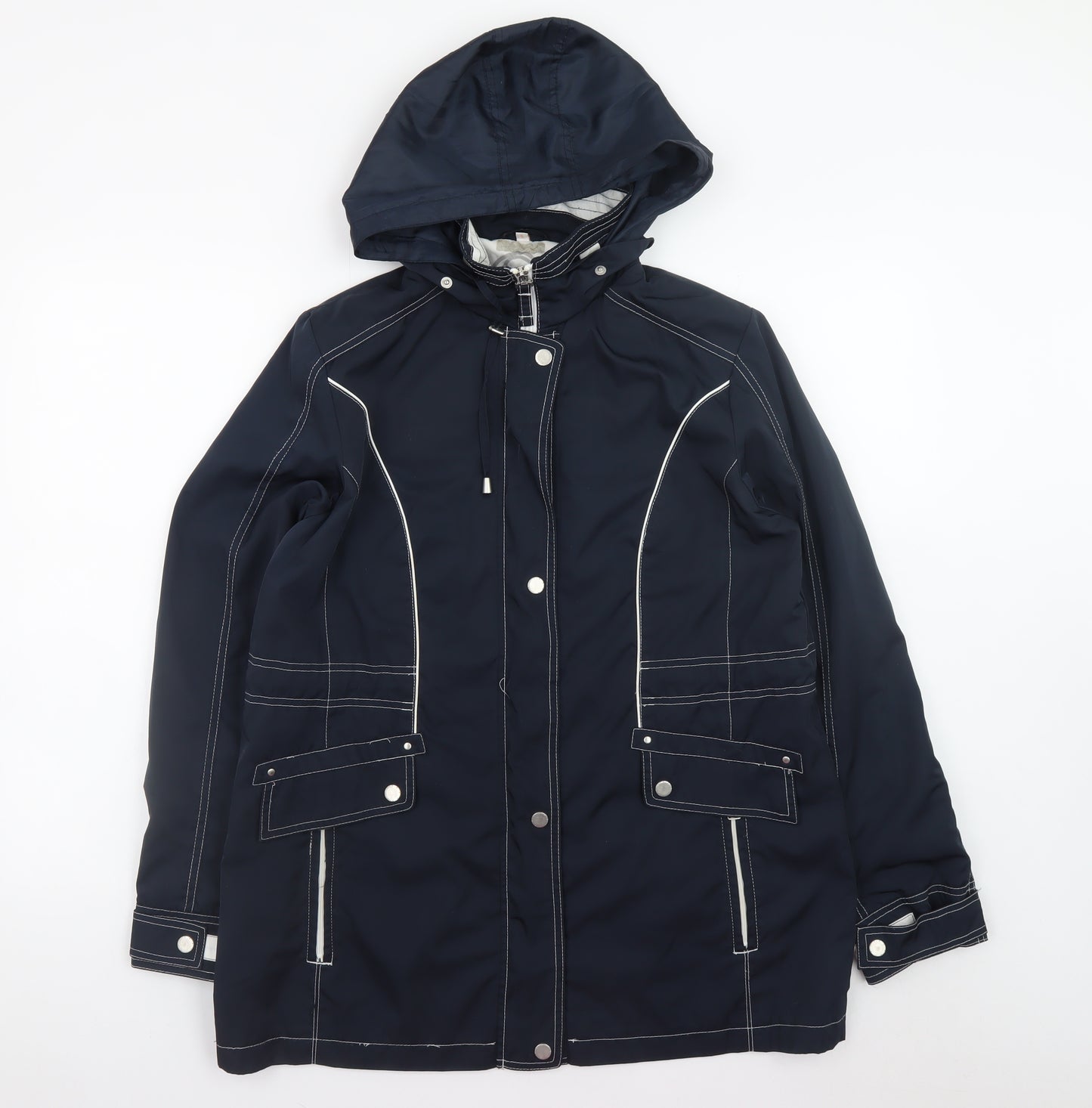 Anna Rose Women's Blue Waterproof Hooded Mid-Length Rain Coat Jacket Size S