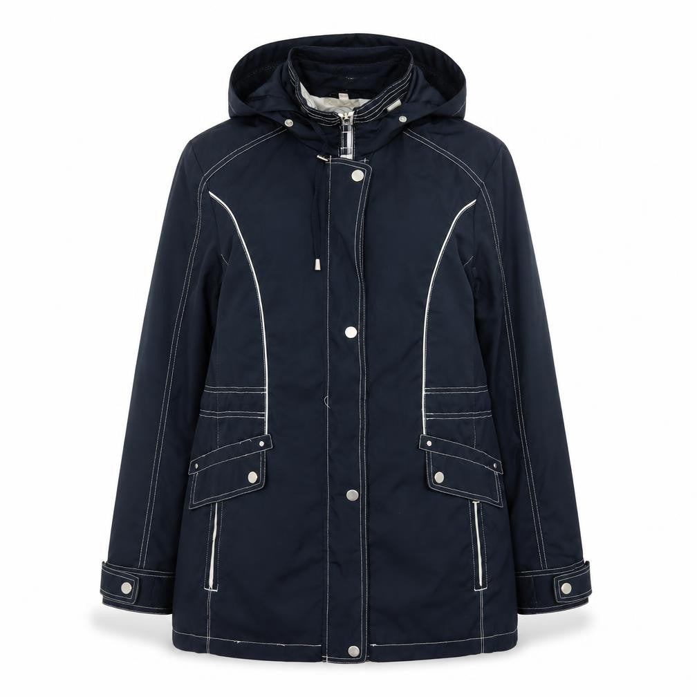 Front view of Anna Rose Women's Blue Waterproof Hooded Mid-Length Rain Coat Jacket, size S