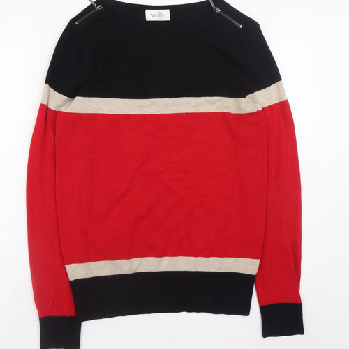 Wallis Women’s Black Red Beige Striped Zip Shoulder Pullover Jumper Size 12