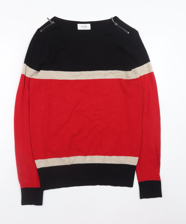 Wallis Women’s Black Red Beige Striped Zip Shoulder Pullover Jumper Size 12