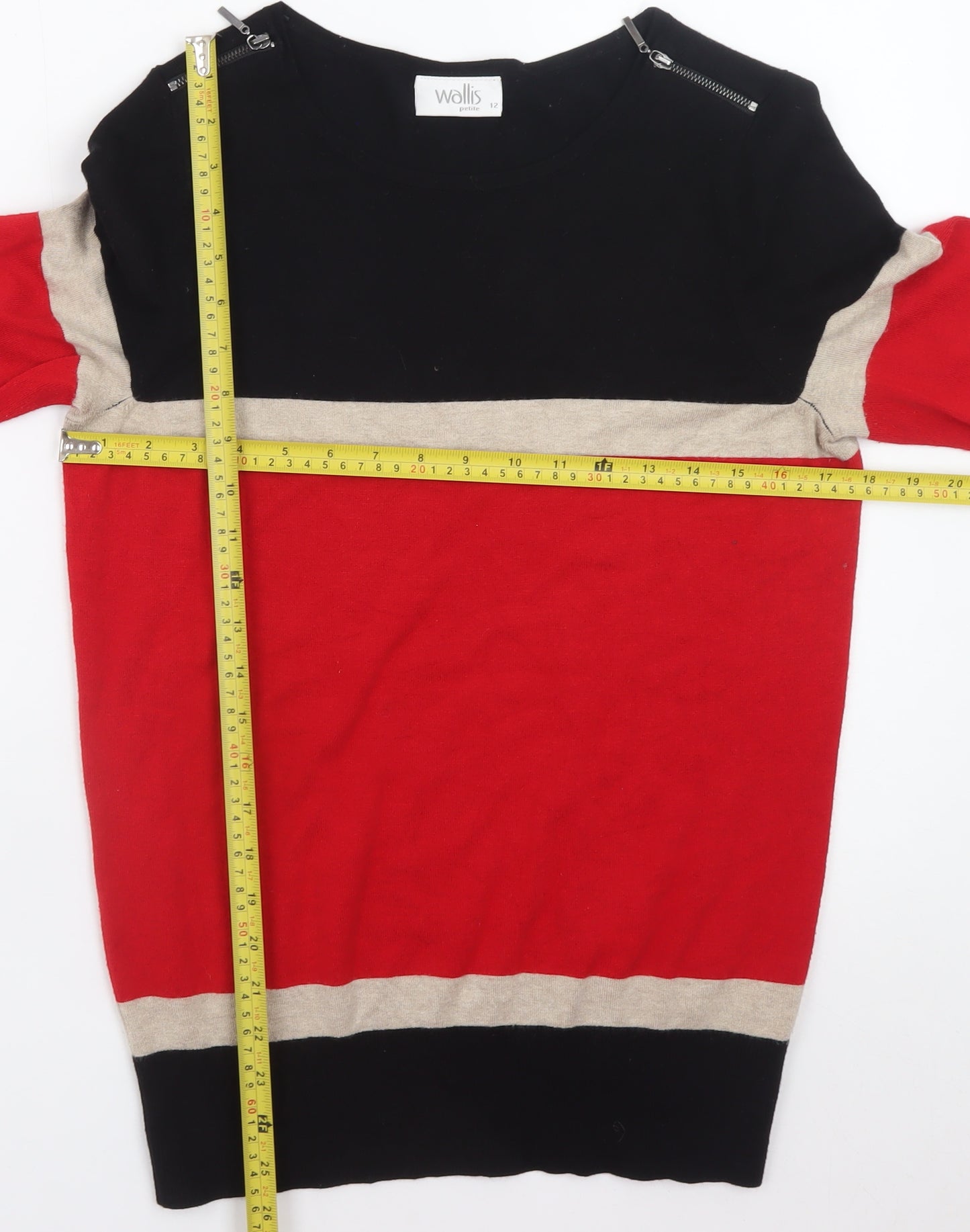 Wallis Women’s Black Red Beige Striped Zip Shoulder Pullover Jumper Size 12