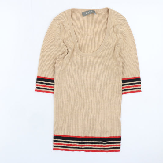 Oasis Women Beige Stripe Trim Scoop Neck Ribbed Knit Jumper Size S
