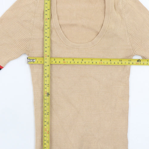 Oasis Women Beige Stripe Trim Scoop Neck Ribbed Knit Jumper Size S