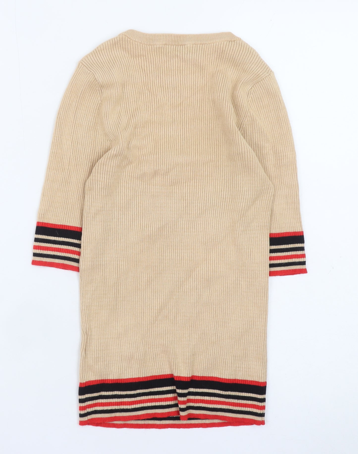 Oasis Women Beige Stripe Trim Scoop Neck Ribbed Knit Jumper Size S