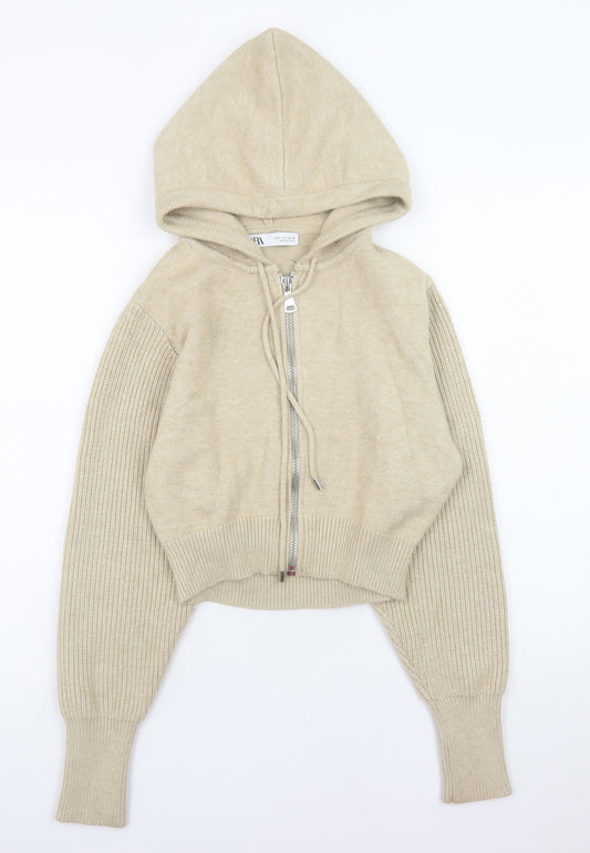 Zara Women Beige Full Zip Hooded Knit Jumper Size S