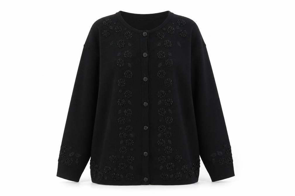 Bonmarché Women's Black Beaded Floral Knit Cardigan M