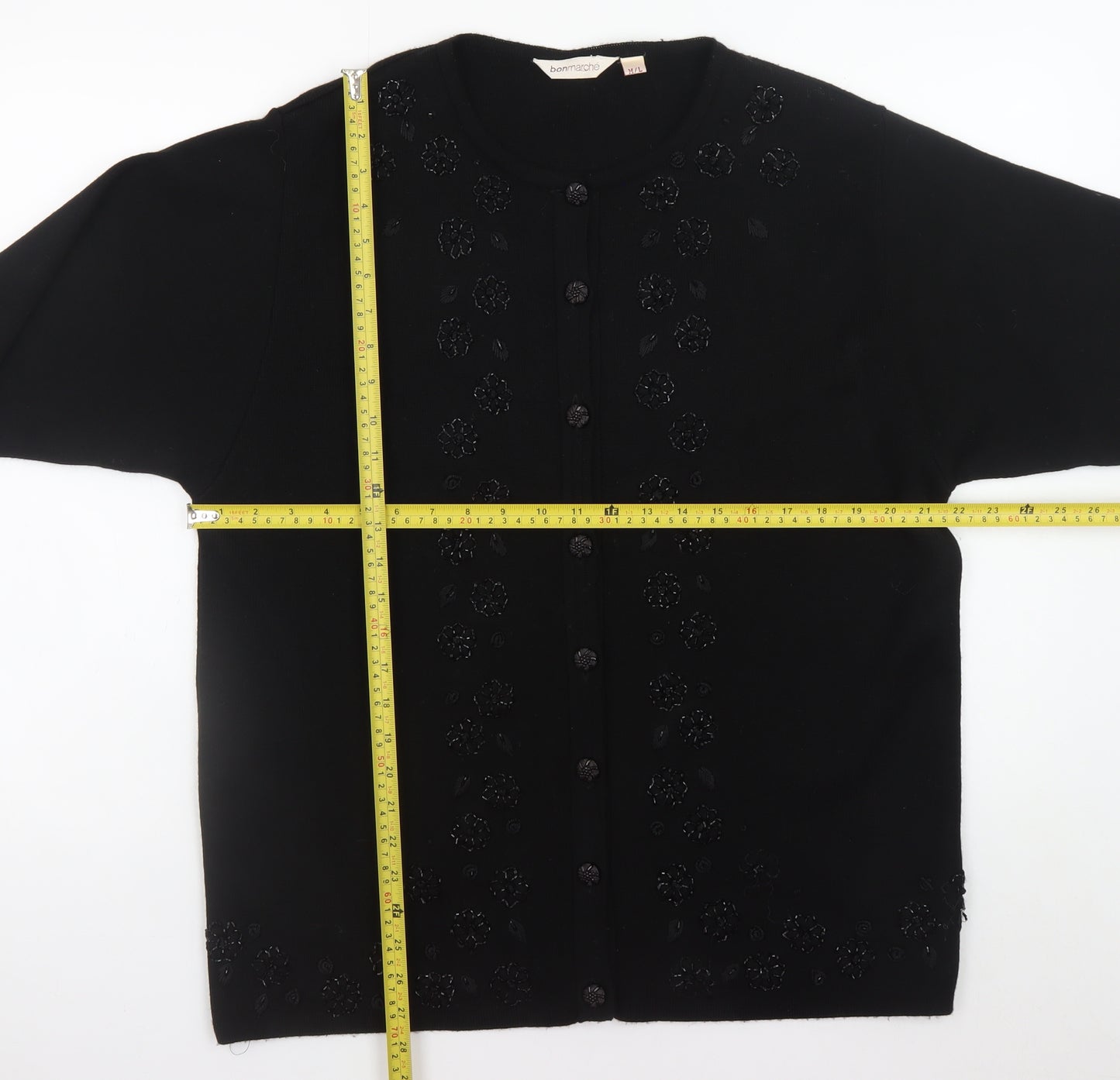 Bonmarché Women's Black Beaded Floral Knit Cardigan M