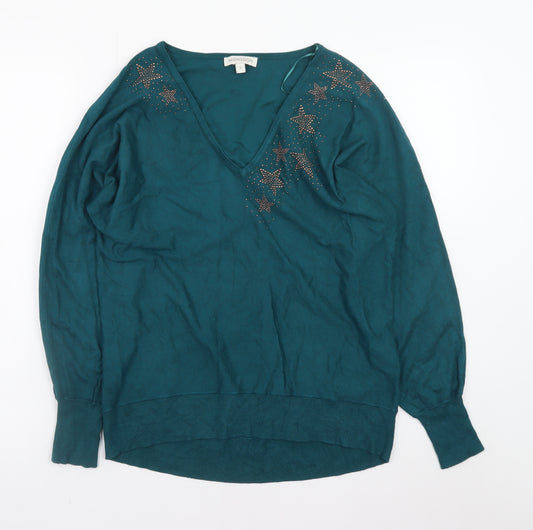Monsoon Women's Green V-Neck Star Jumper Size S Long Sleeve