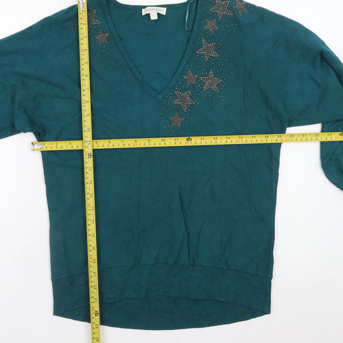 Monsoon Women's Green V-Neck Star Jumper Size S Long Sleeve