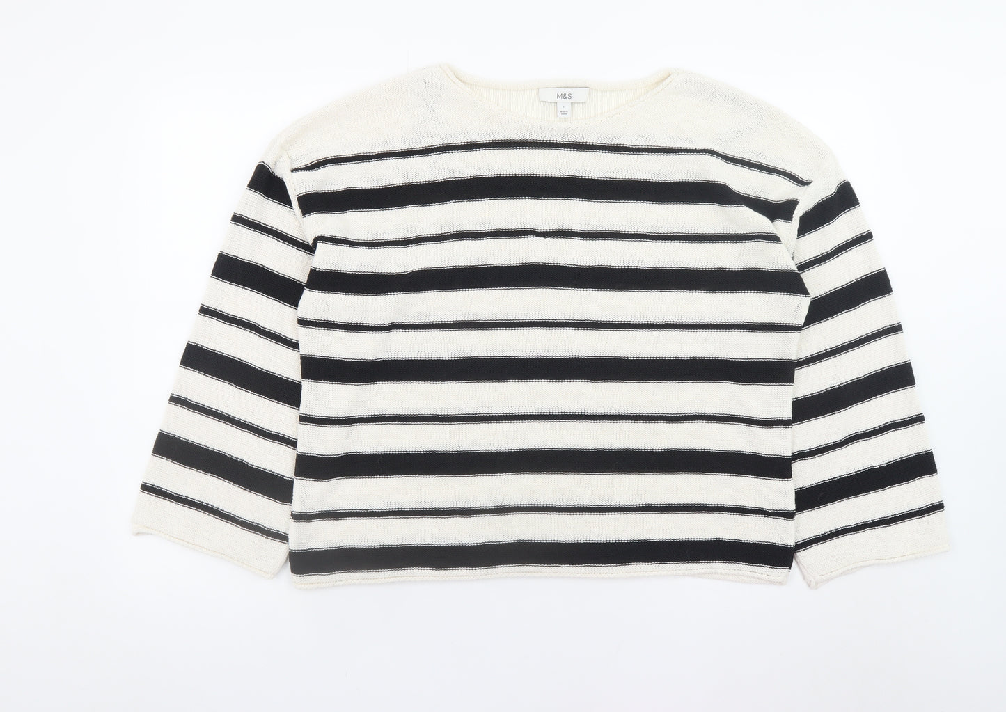 Marks and Spencer Women Black Stripe L Boat Neck Cotton Jumper