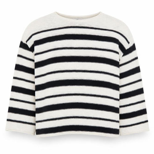 Marks and Spencer Women Black Stripe L Boat Neck Cotton Jumper