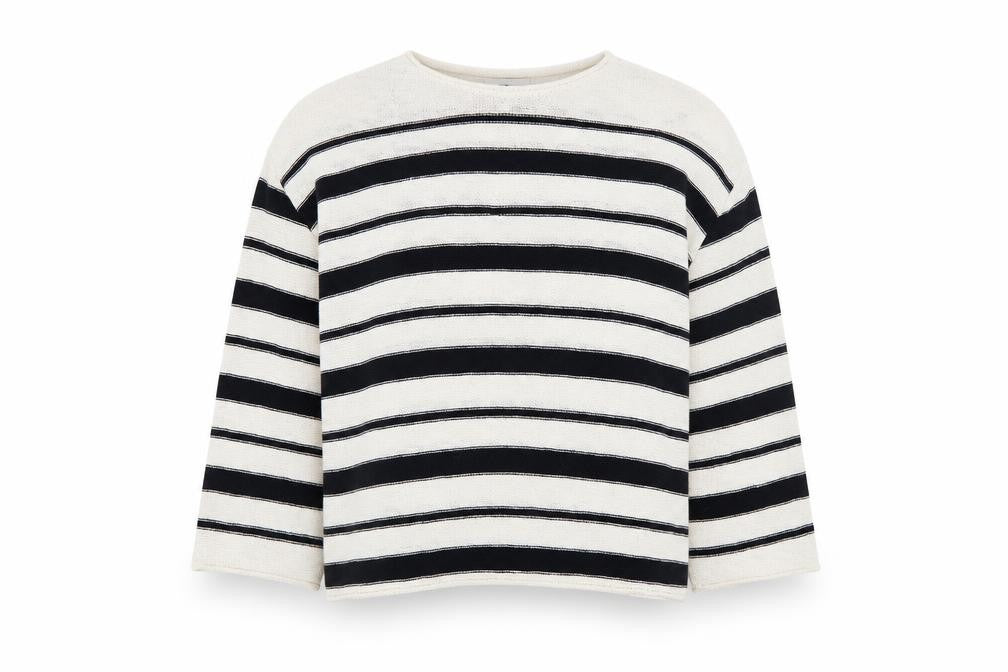 Marks and Spencer Women Black Stripe L Boat Neck Cotton Jumper