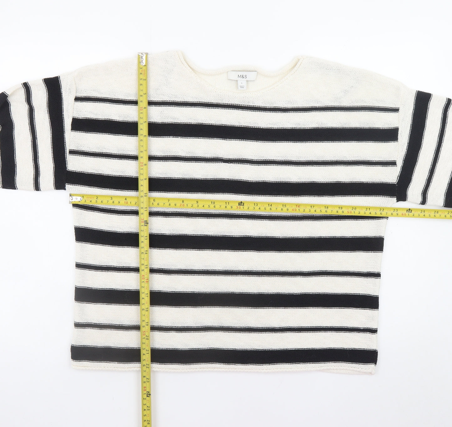 Marks and Spencer Women Black Stripe L Boat Neck Cotton Jumper