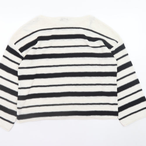 Marks and Spencer Women Black Stripe L Boat Neck Cotton Jumper
