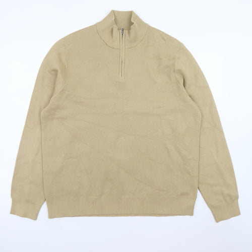 Marks and Spencer Men's Beige XL 1/2 Zip High Neck Cotton Jumper